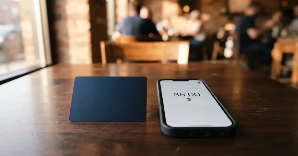 A payment card next to a phone with a crypto wallet app open