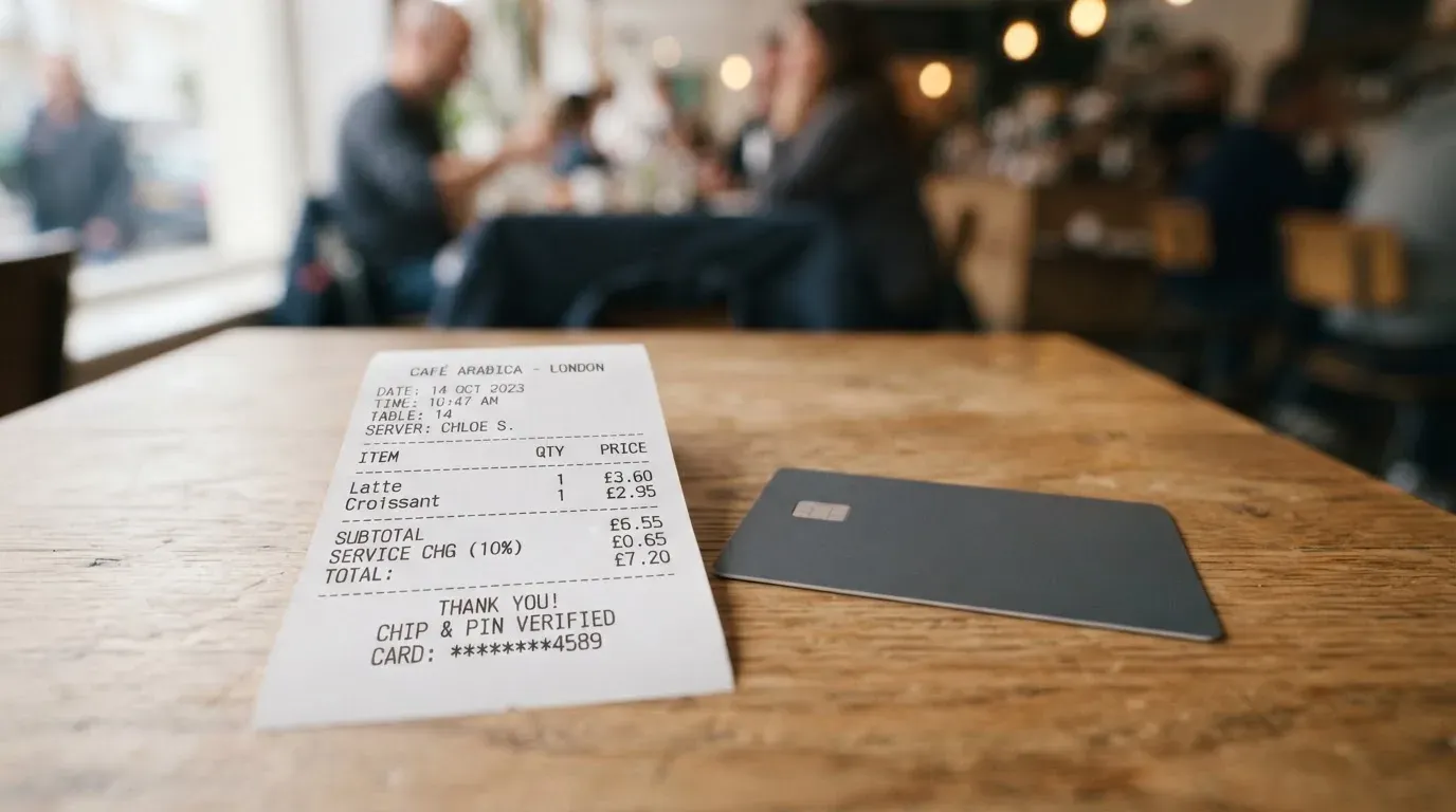 A receipt and a card on a café table