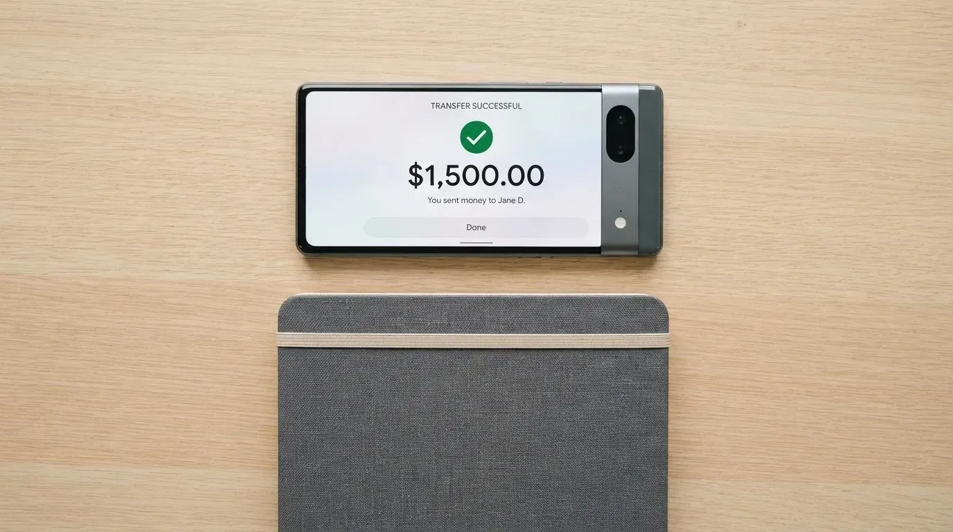 A phone showing a stablecoin transfer screen