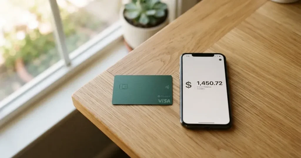 A payment card next to a phone with a crypto wallet app open