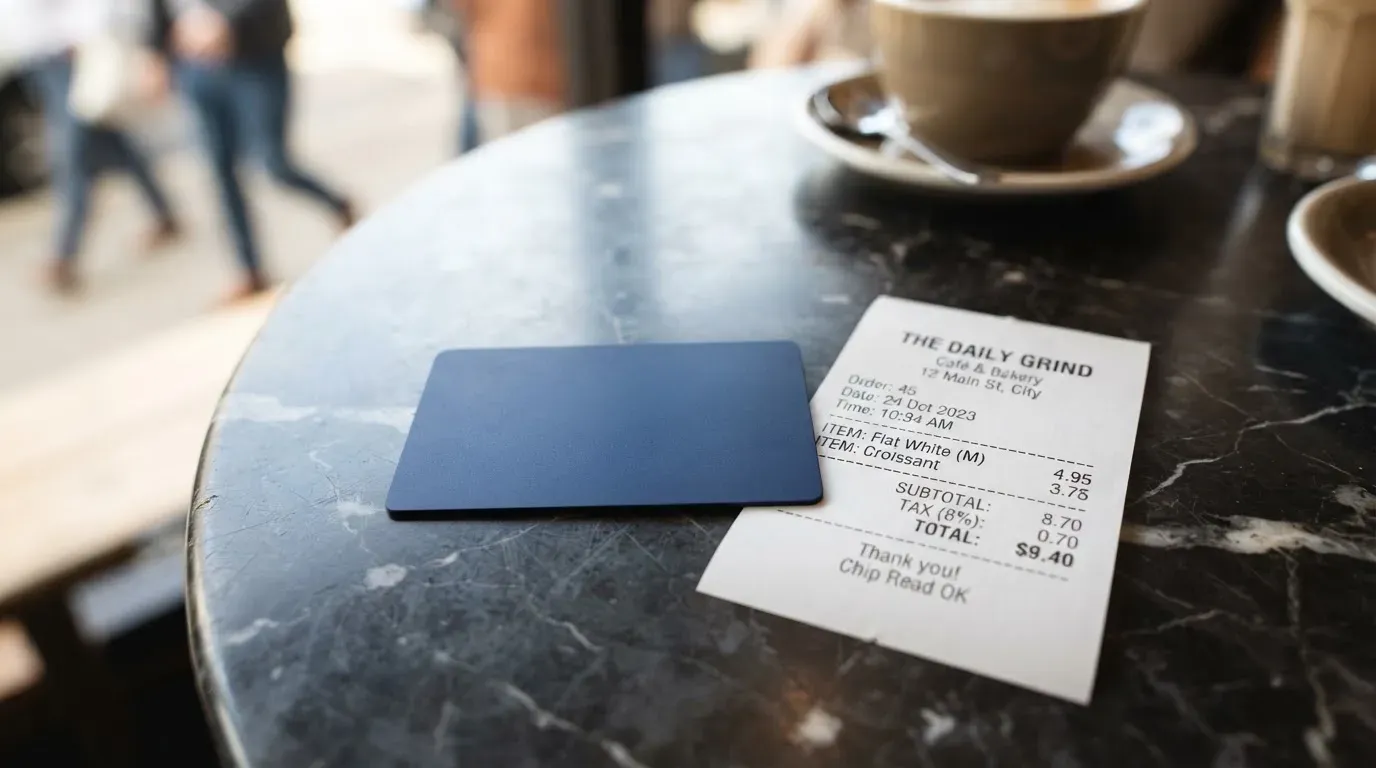 A receipt and a card on a café table