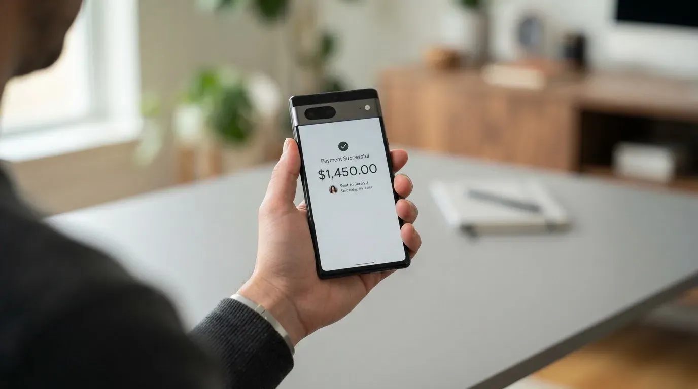 A phone showing a stablecoin transfer screen