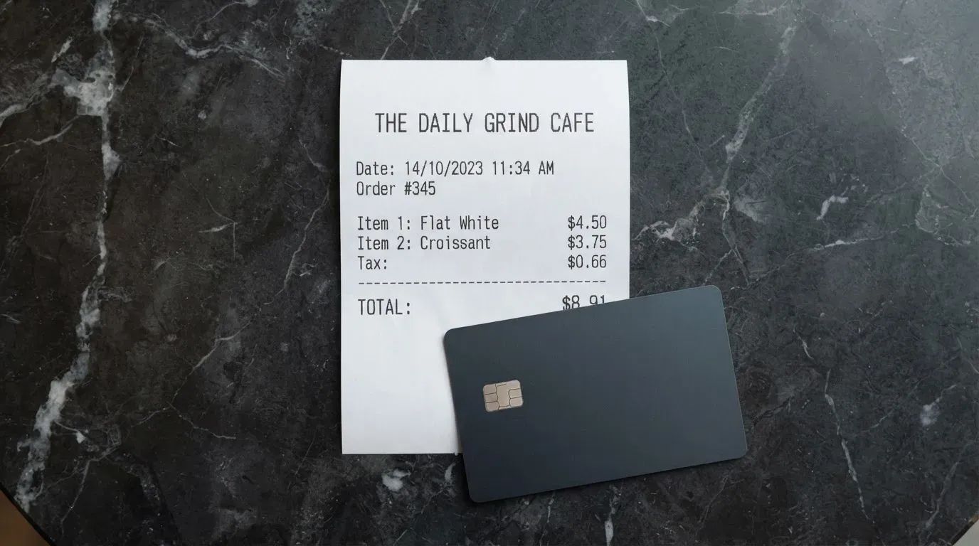 A receipt and a card on a café table