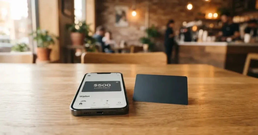 A payment card next to a phone with a crypto wallet app open