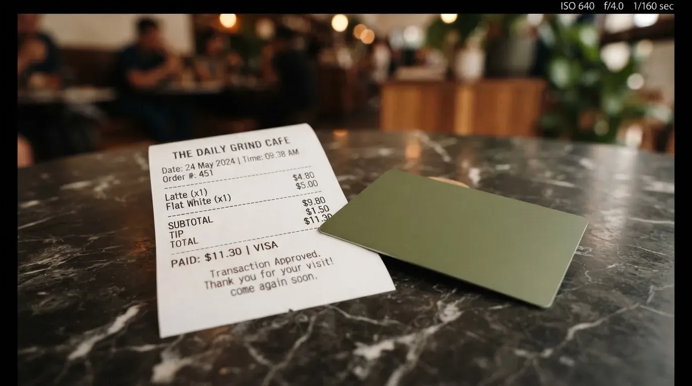 A receipt and a card on a café table