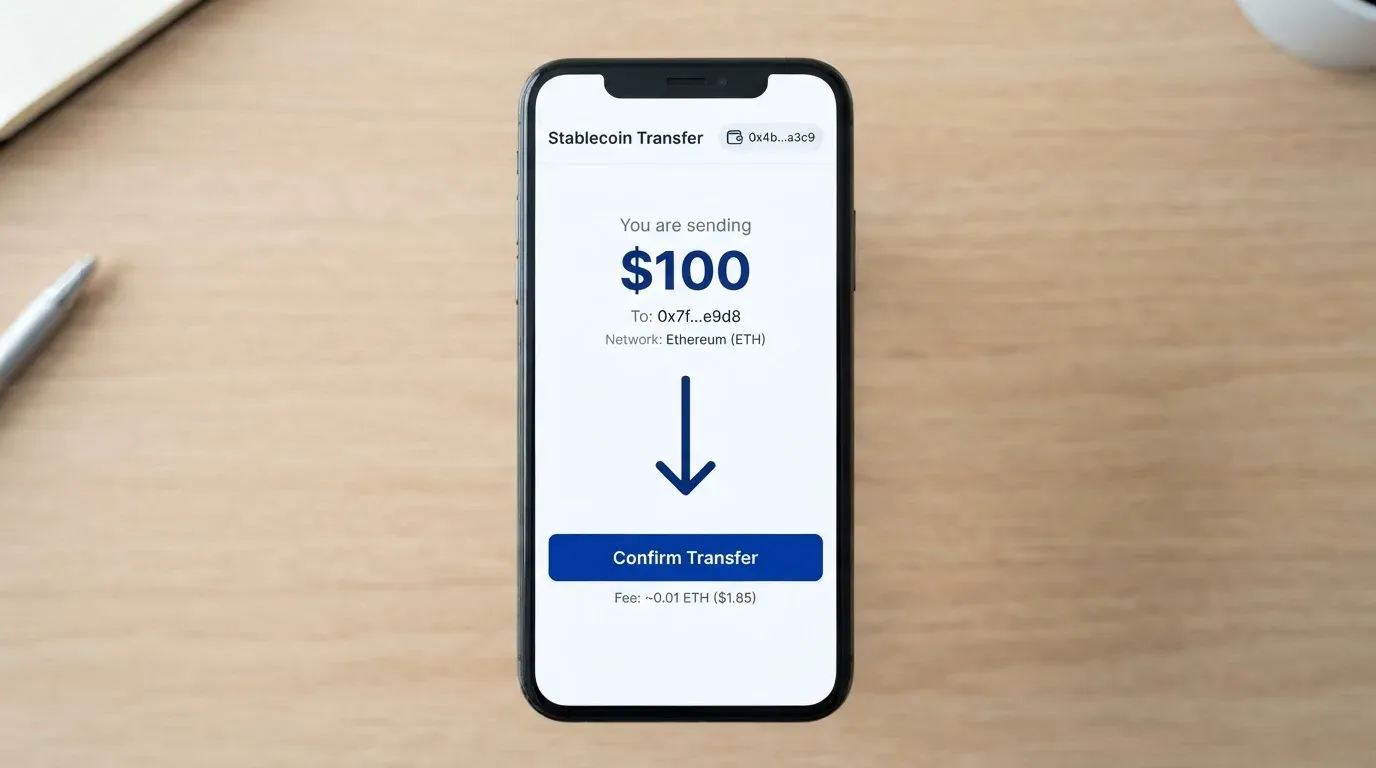 A phone showing a stablecoin transfer screen