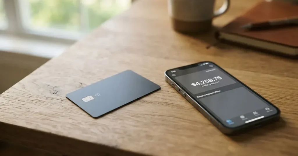 A payment card next to a phone with a crypto wallet app open