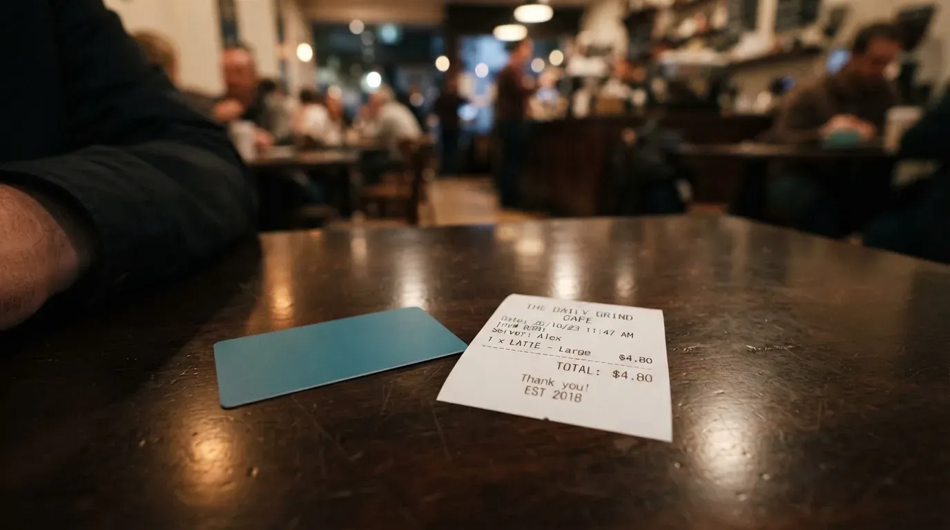 A receipt and a card on a café table