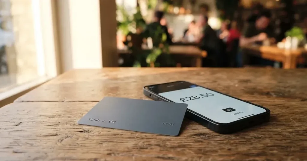 A payment card next to a phone with a crypto wallet app open