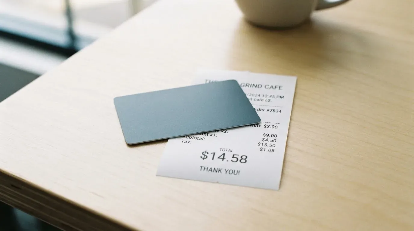 A receipt and a card on a café table