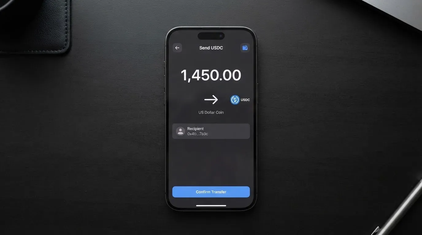 A phone showing a stablecoin transfer screen