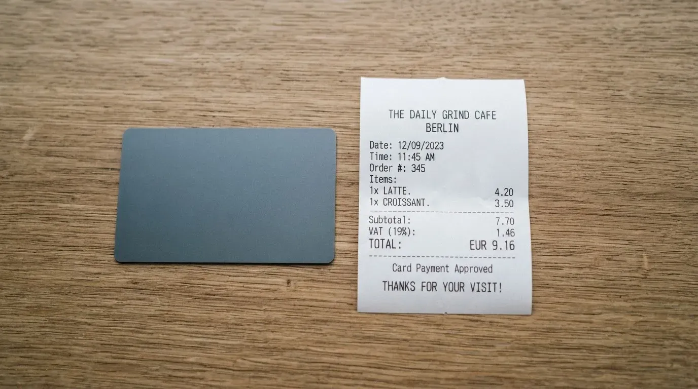 A receipt and a card on a café table