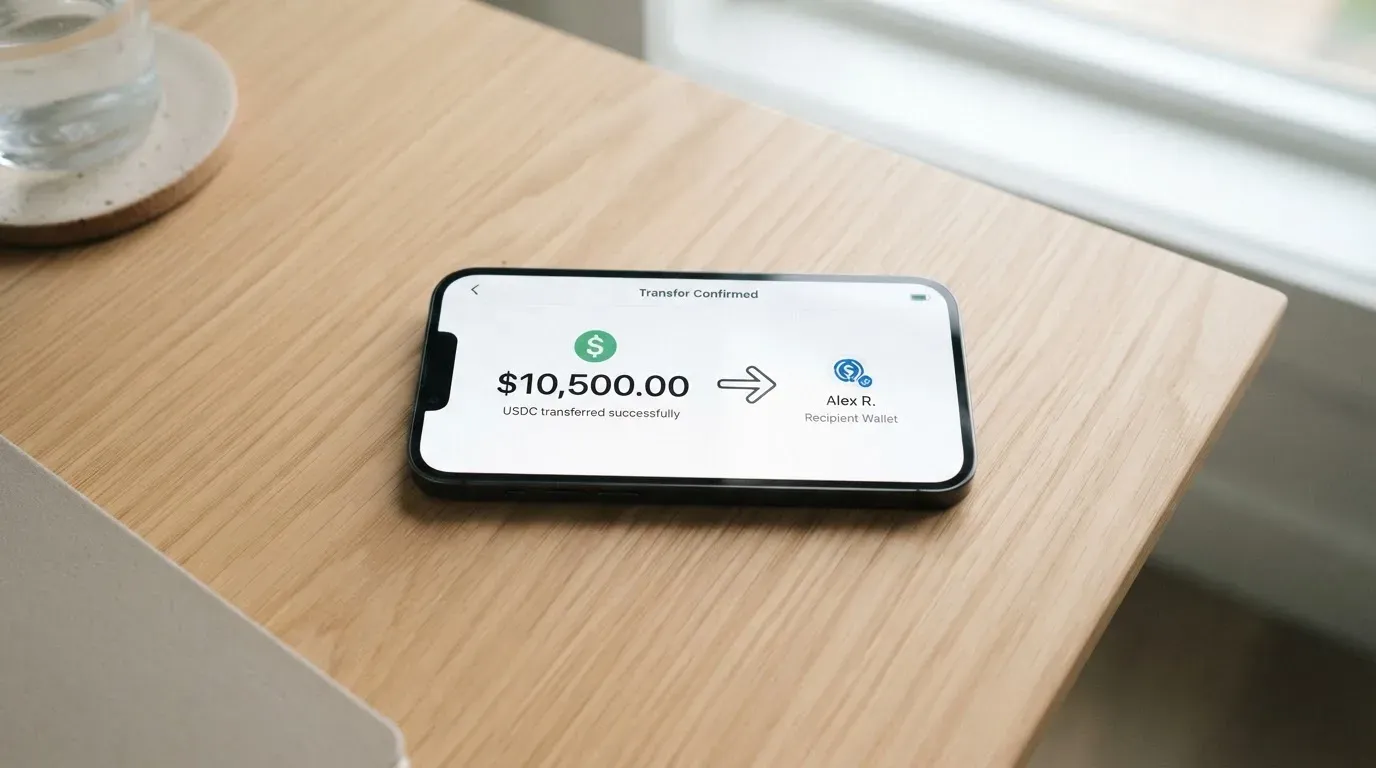 A phone showing a stablecoin transfer screen
