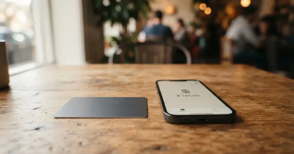 A payment card next to a phone with a crypto wallet app open