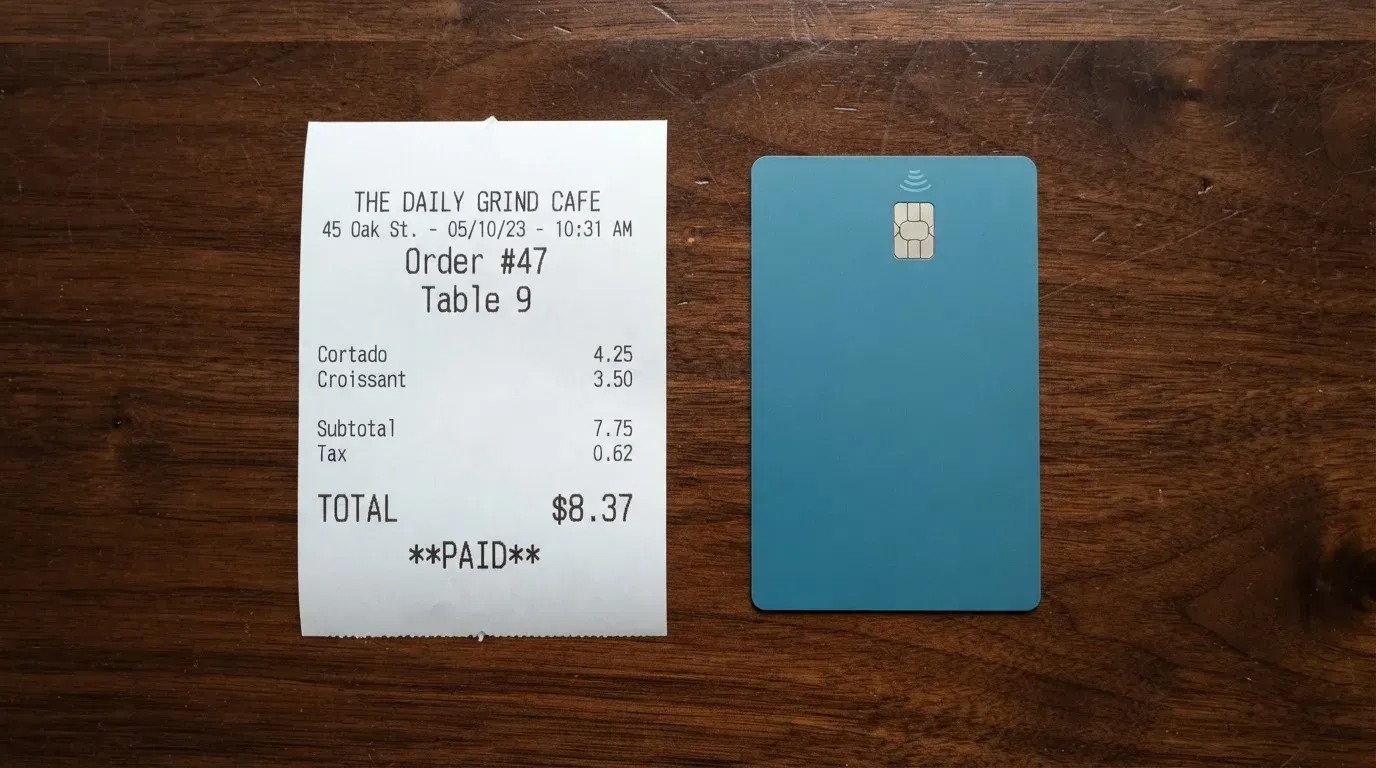 A receipt and a card on a café table