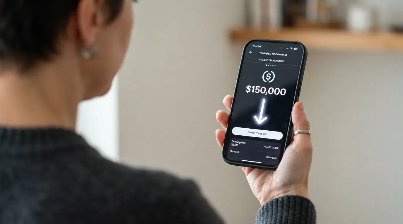 A phone showing a stablecoin transfer screen