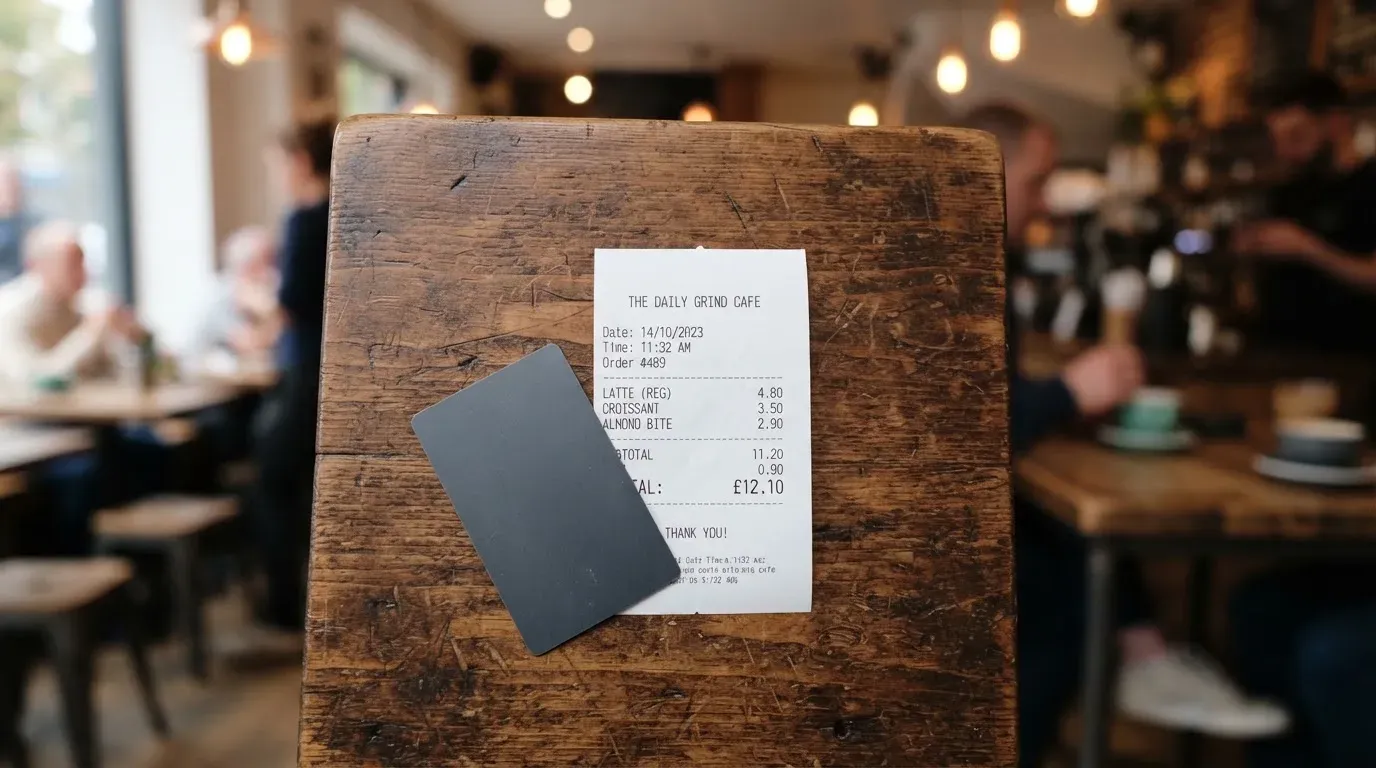 A receipt and a card on a café table