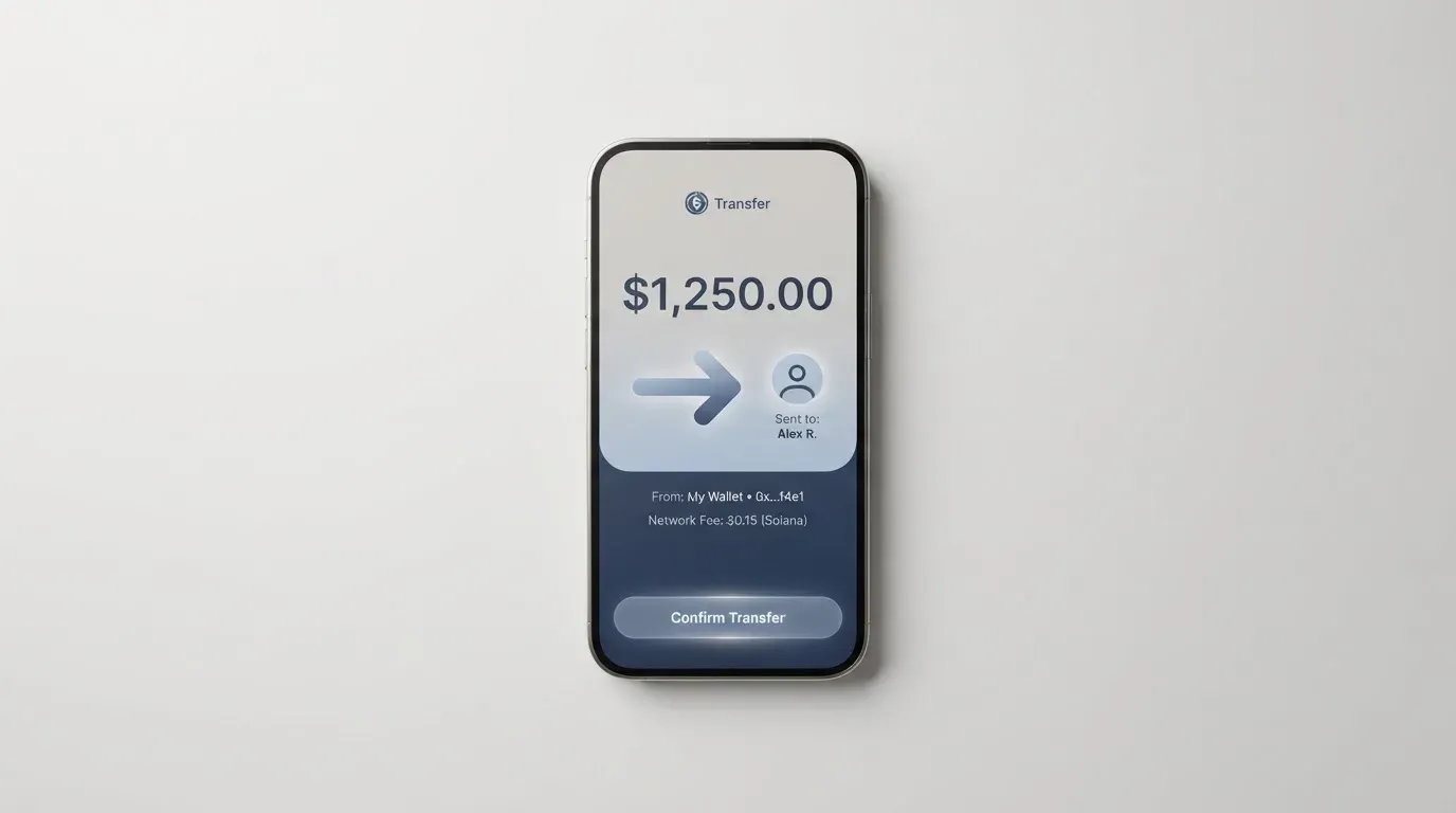 A phone showing a stablecoin transfer screen