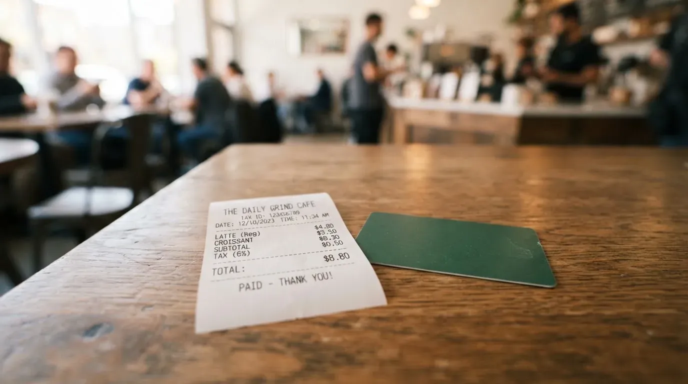 A receipt and a card on a café table