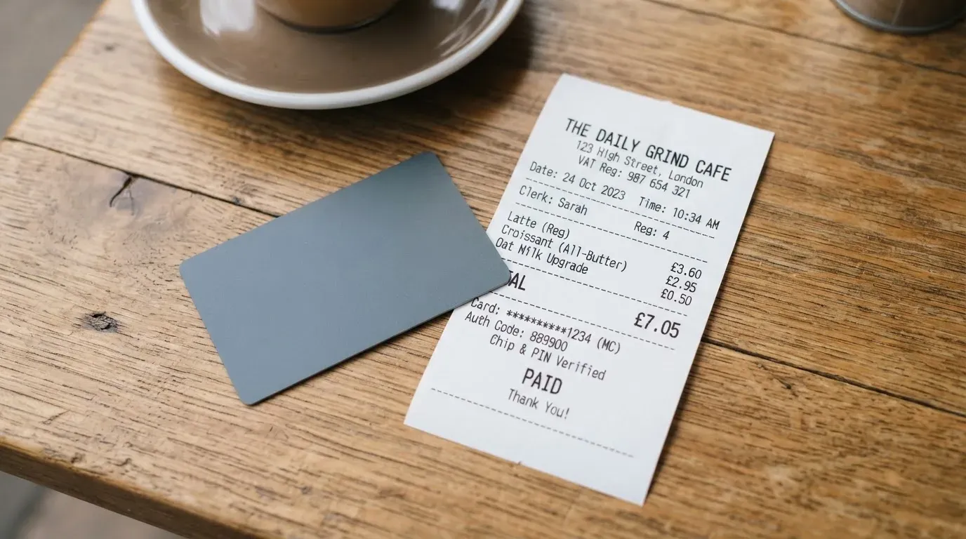 A receipt and a card on a café table