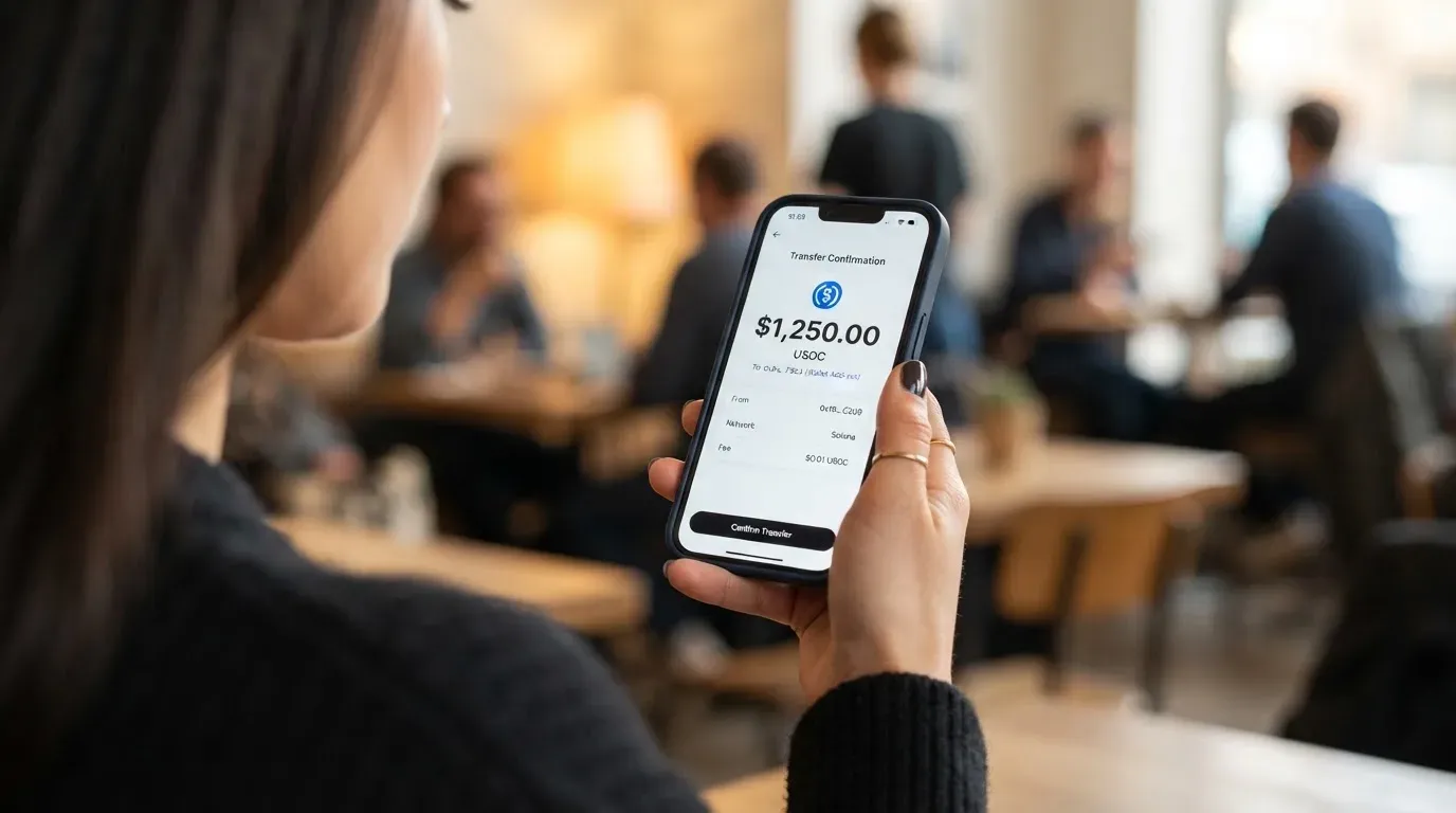 A phone showing a stablecoin transfer screen