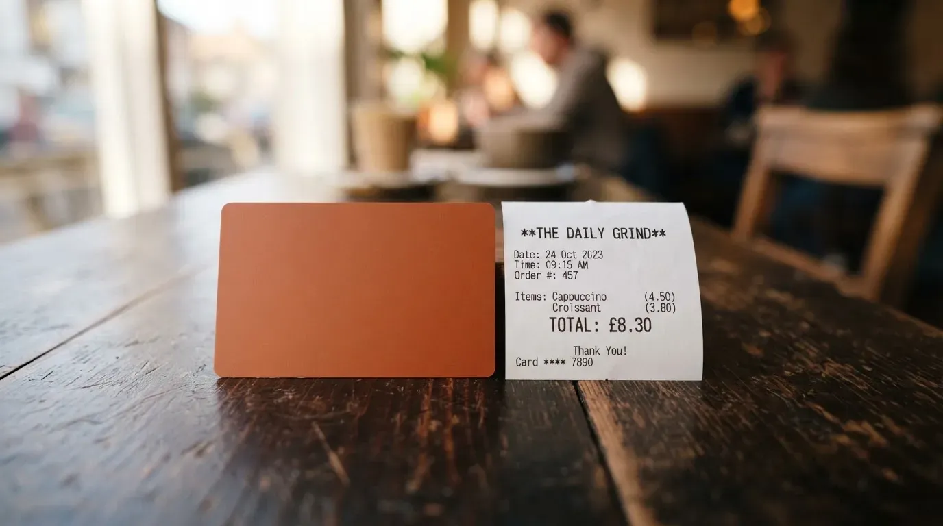 A receipt and a card on a café table