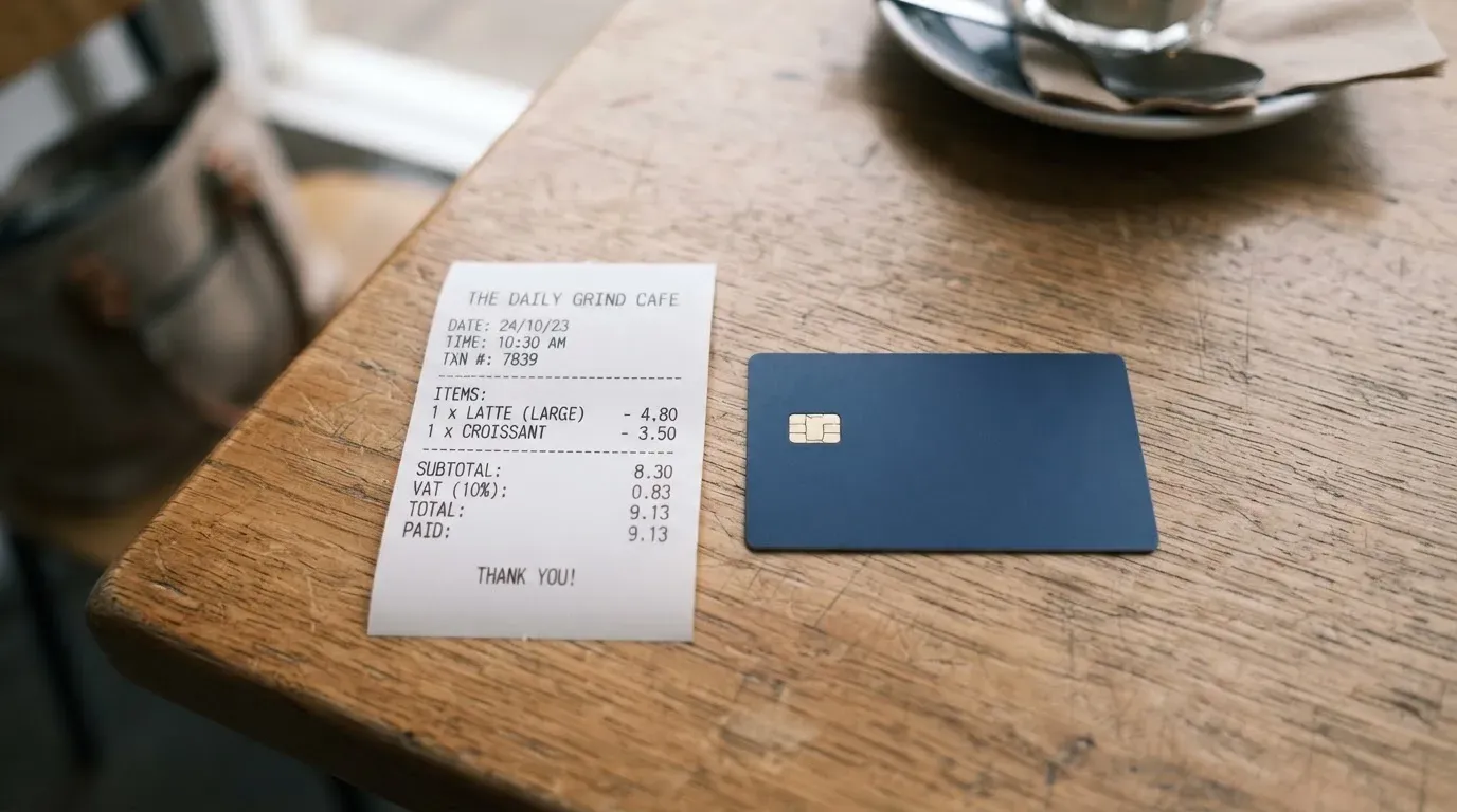 A receipt and a card on a café table