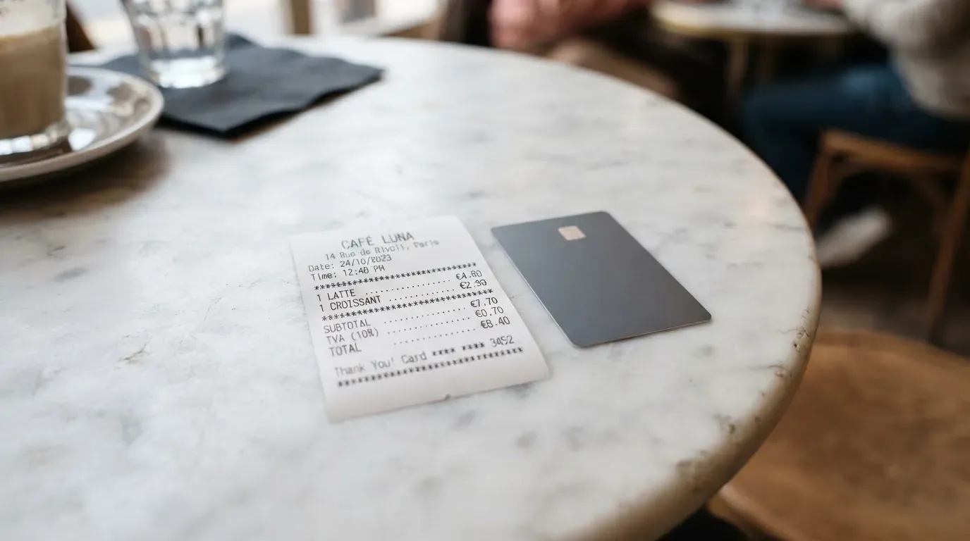 A receipt and a card on a café table