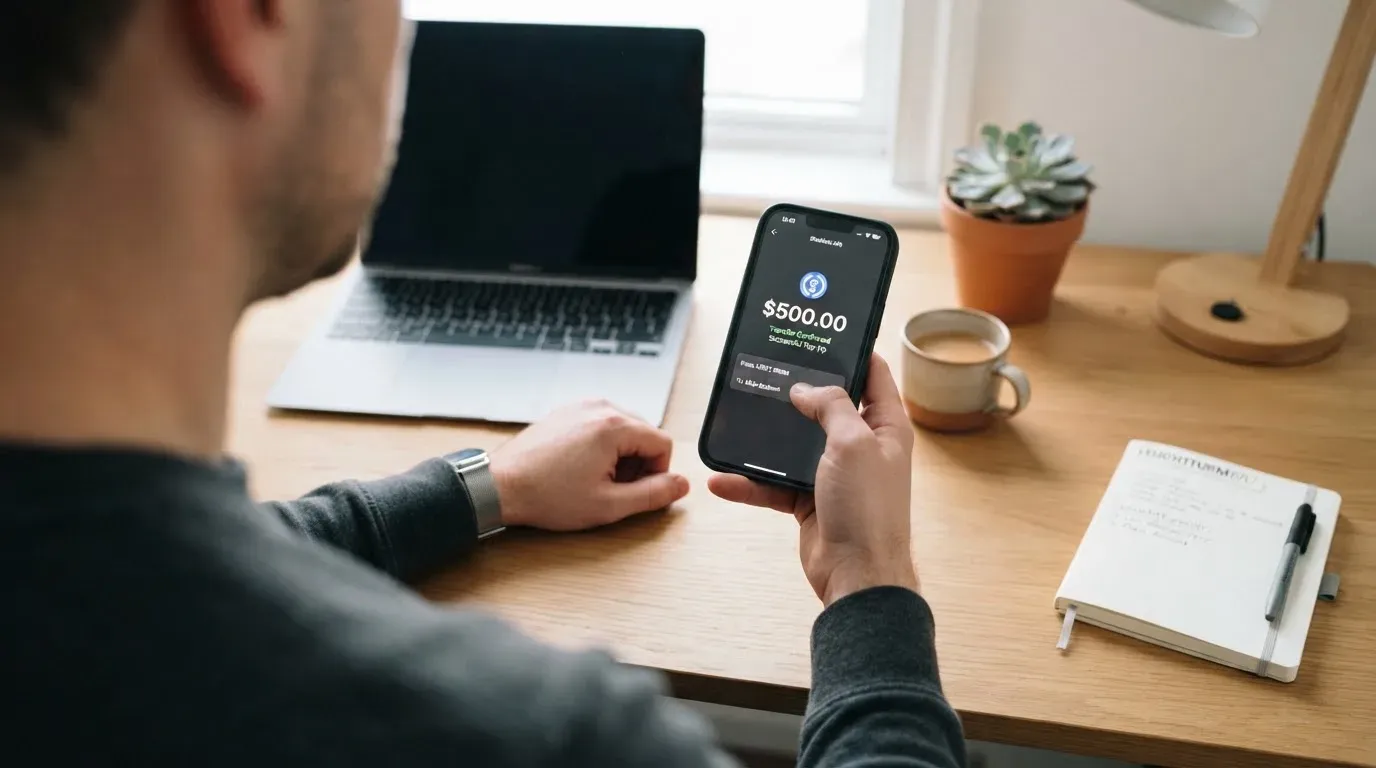 A phone showing a stablecoin transfer screen