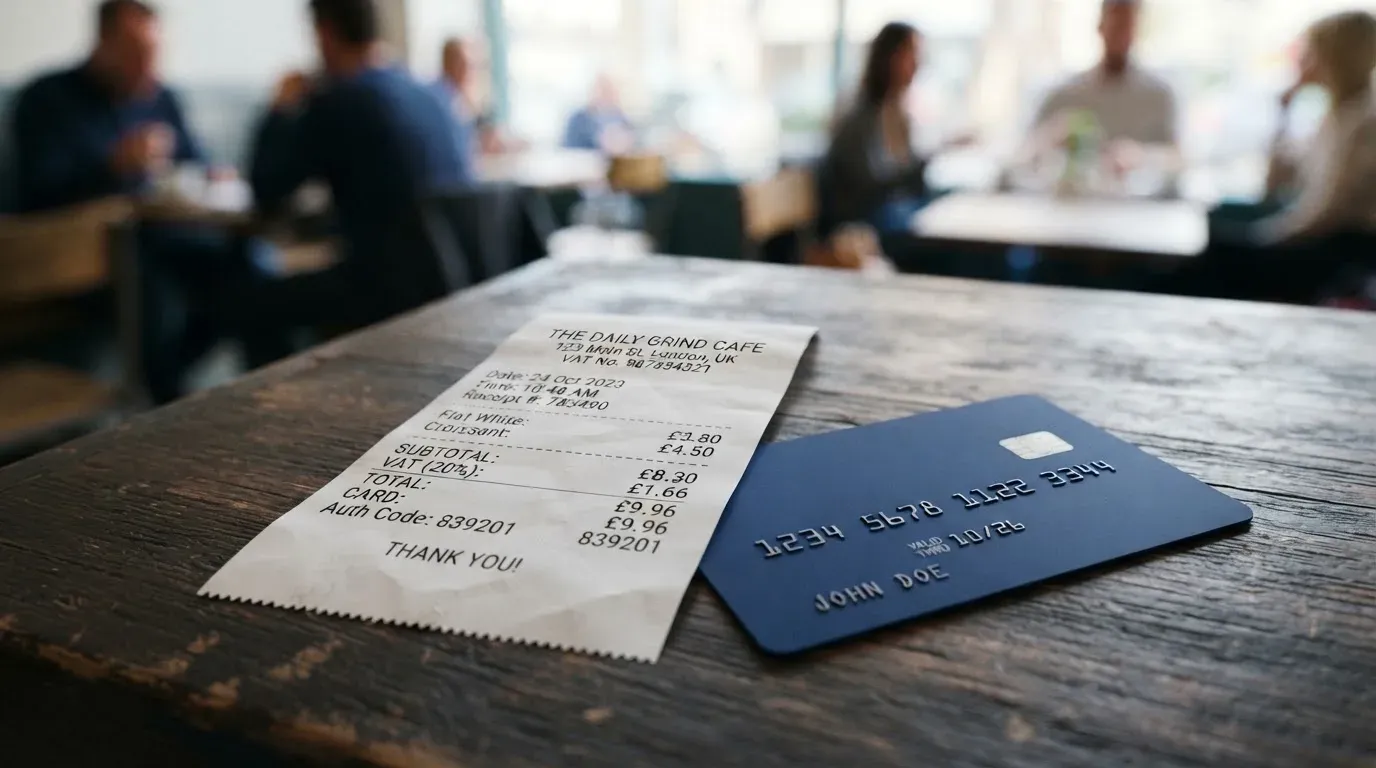 A receipt and a card on a café table