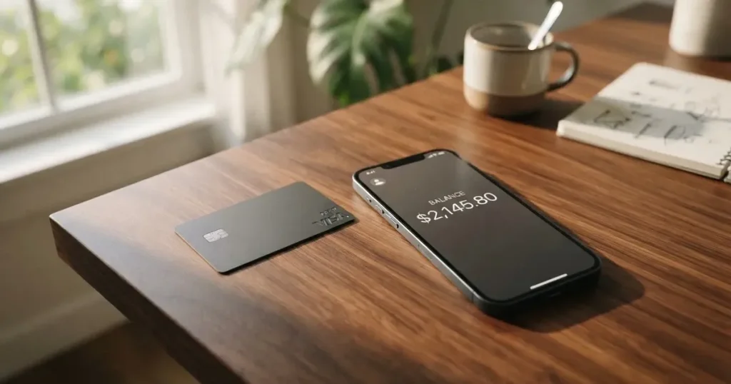 A payment card next to a phone with a crypto wallet app open