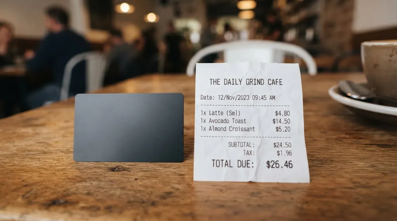 A receipt and a card on a café table