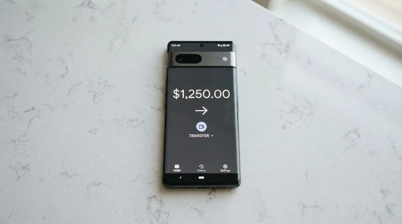 A phone showing a stablecoin transfer screen
