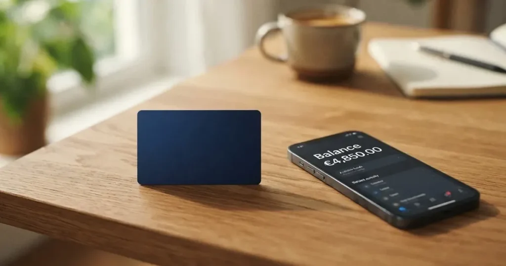 A payment card next to a phone with a crypto wallet app open