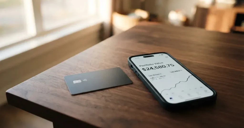A payment card next to a phone with a crypto wallet app open