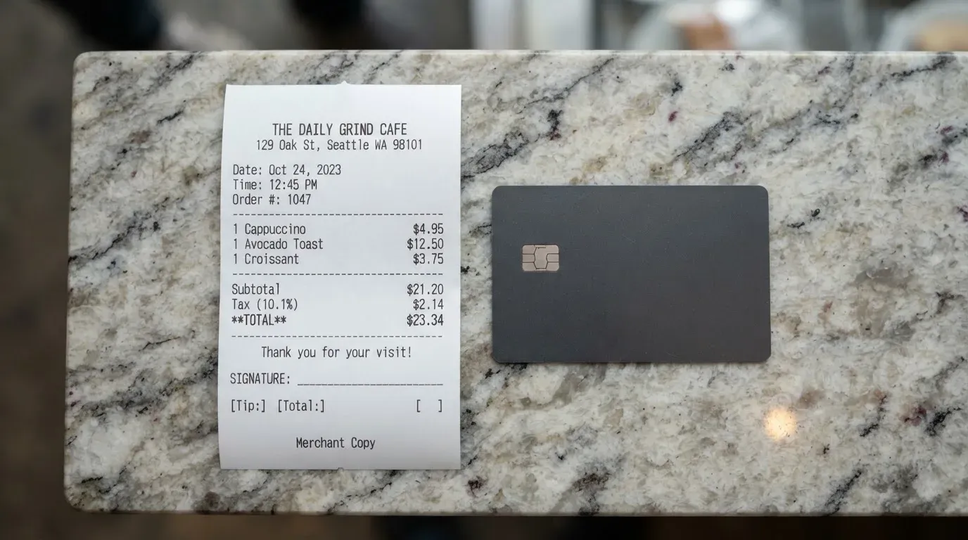 A receipt and a card on a café table