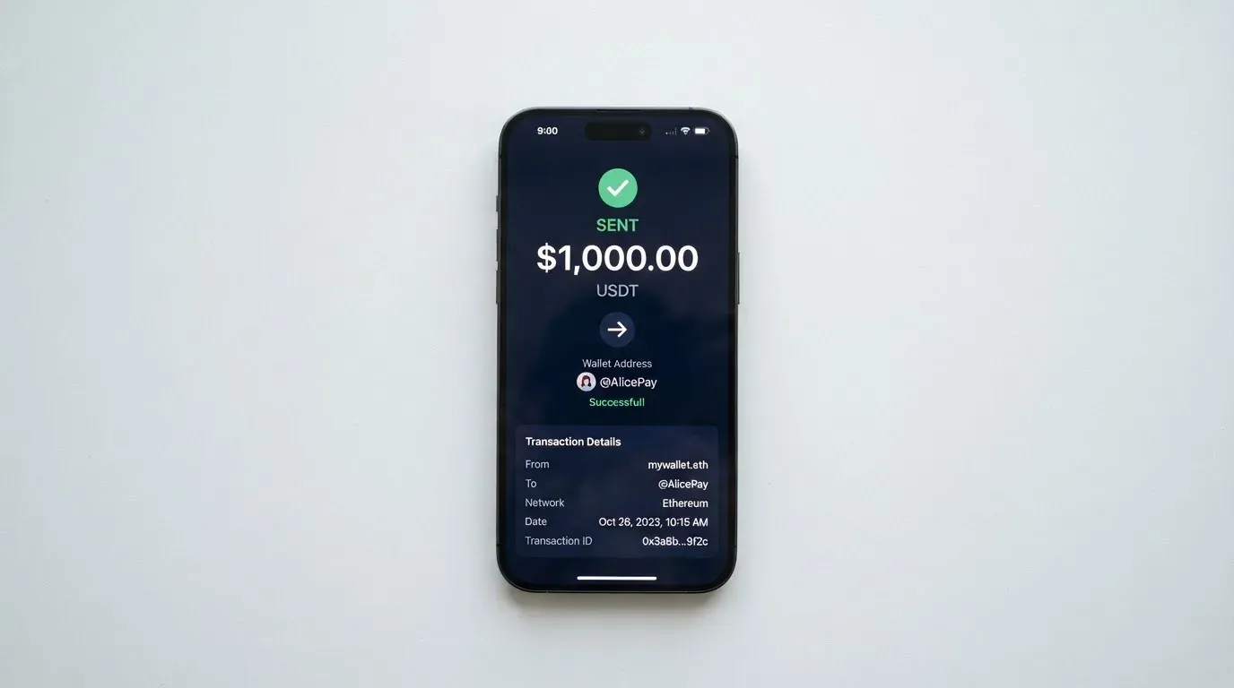 A phone showing a stablecoin transfer screen