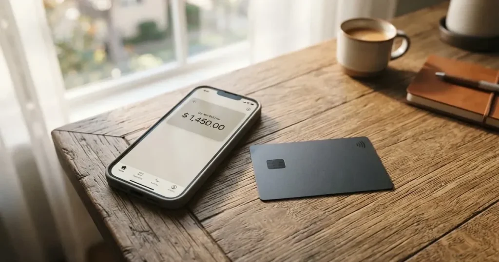 A payment card next to a phone with a crypto wallet app open