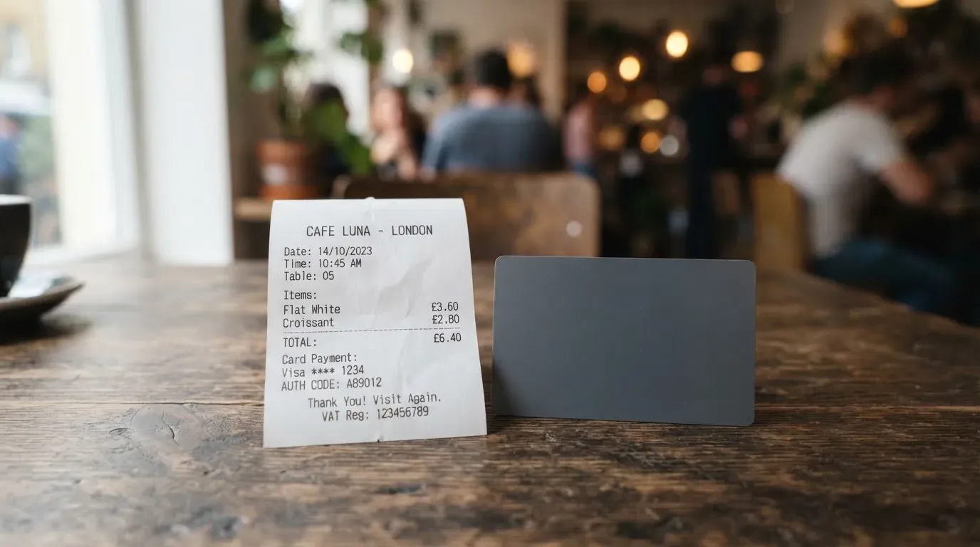 A receipt and a card on a café table