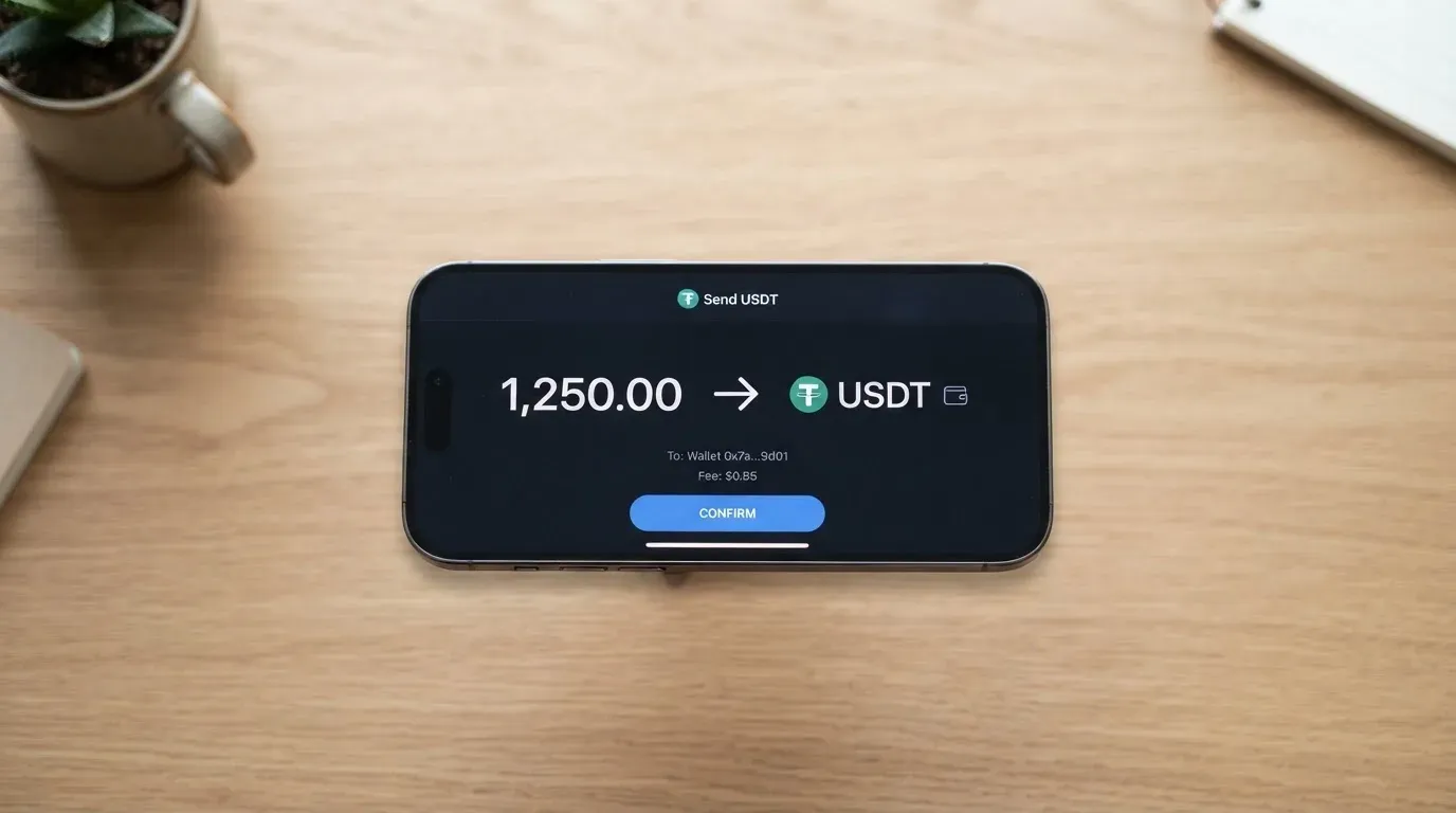 A phone showing a stablecoin transfer screen