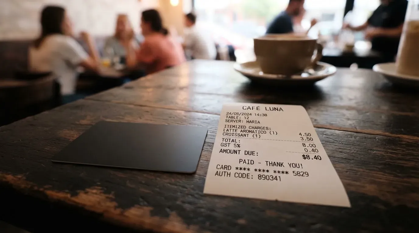 A receipt and a card on a café table