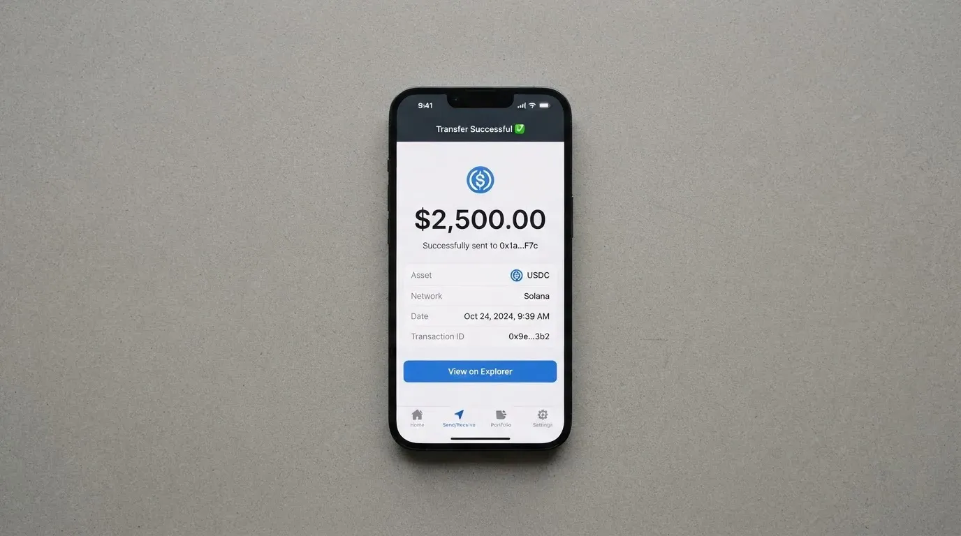 A phone showing a stablecoin transfer screen