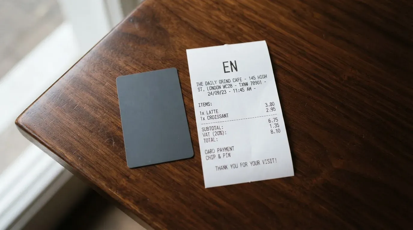 A receipt and a card on a café table