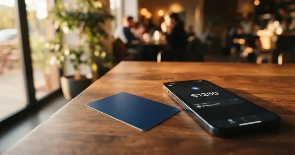 A payment card next to a phone with a crypto wallet app open