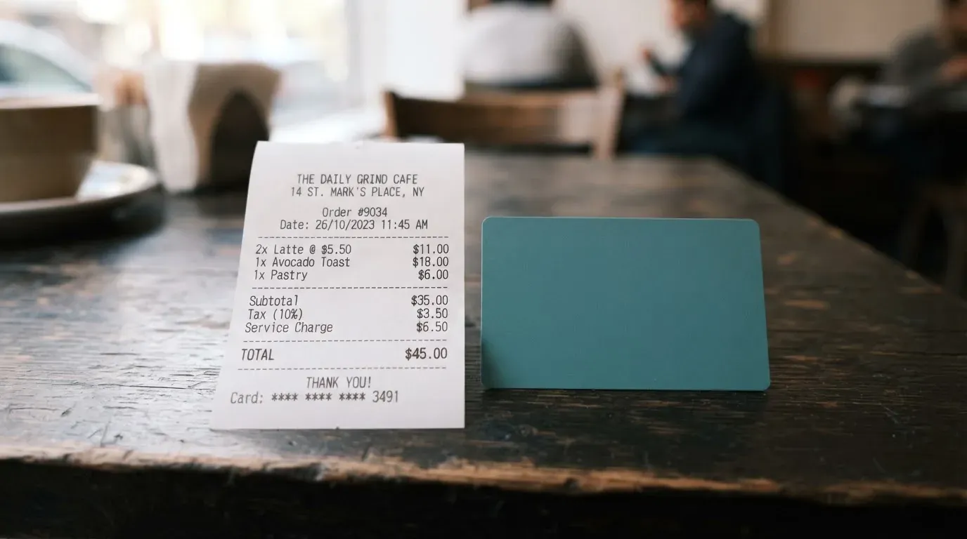 A receipt and a card on a café table