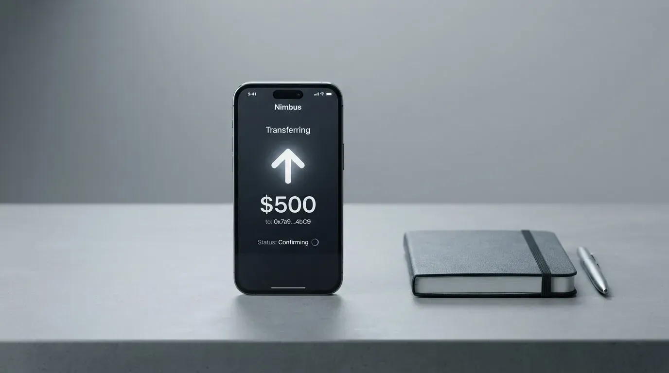 A phone showing a stablecoin transfer screen