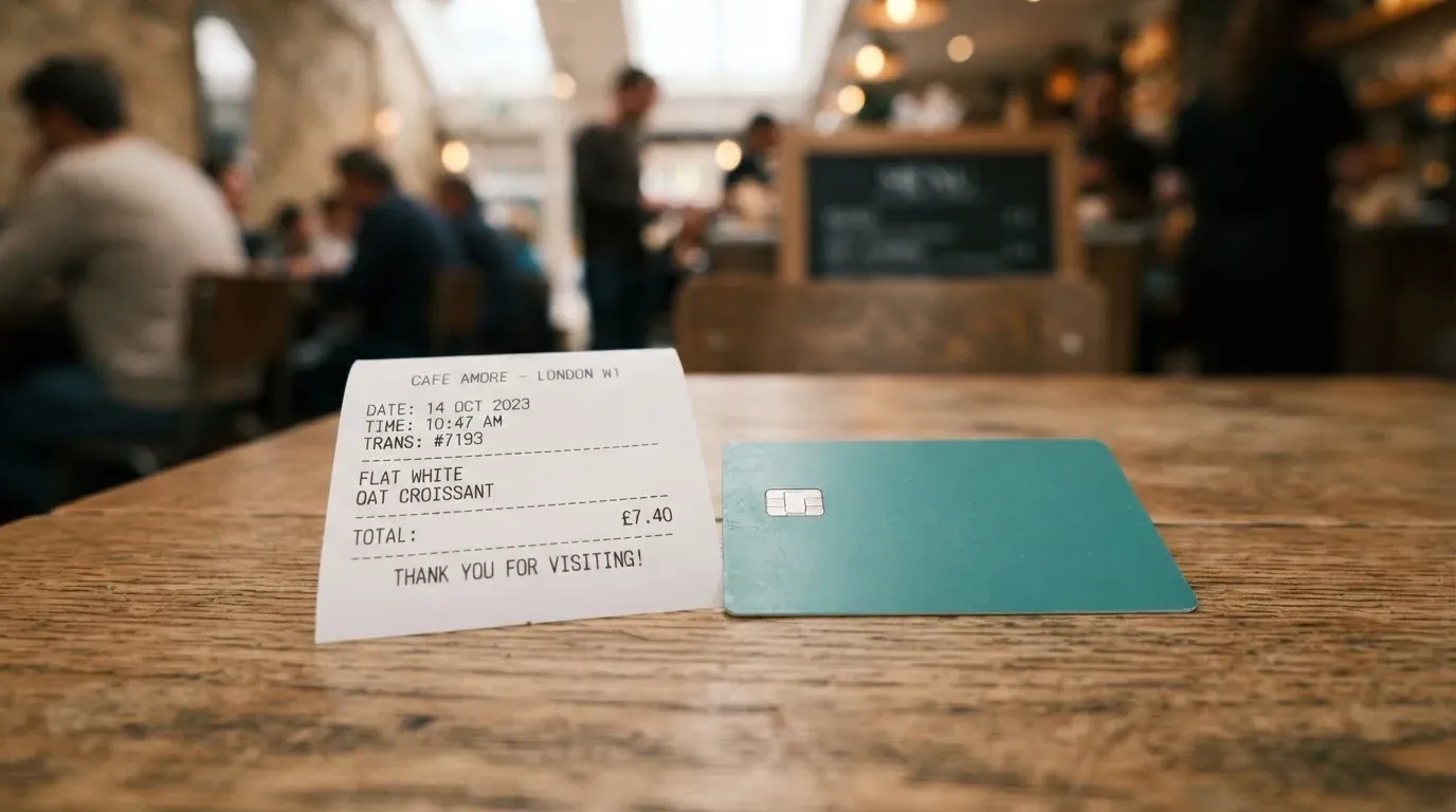 A receipt and a card on a café table