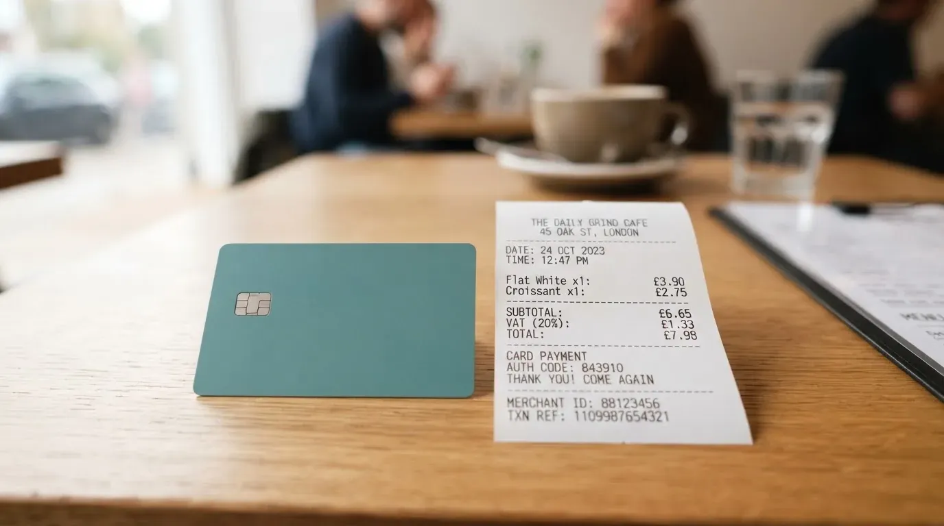 A receipt and a card on a café table