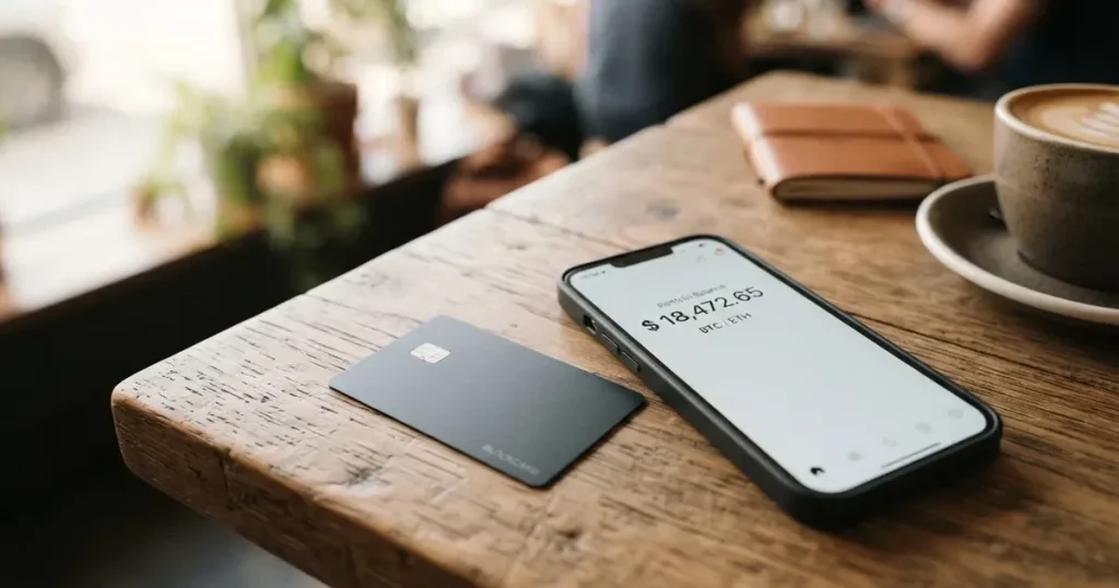A payment card next to a phone with a crypto wallet app open