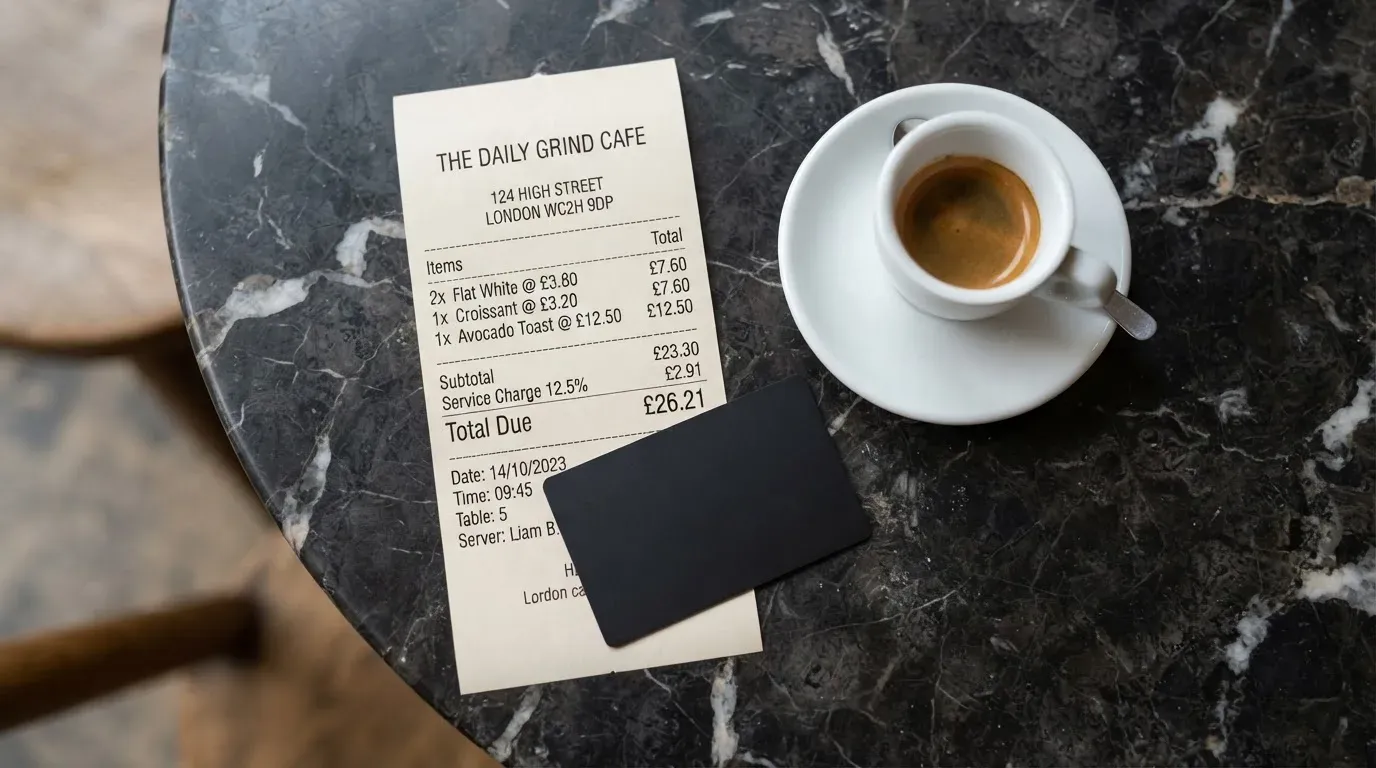 A receipt and a card on a café table